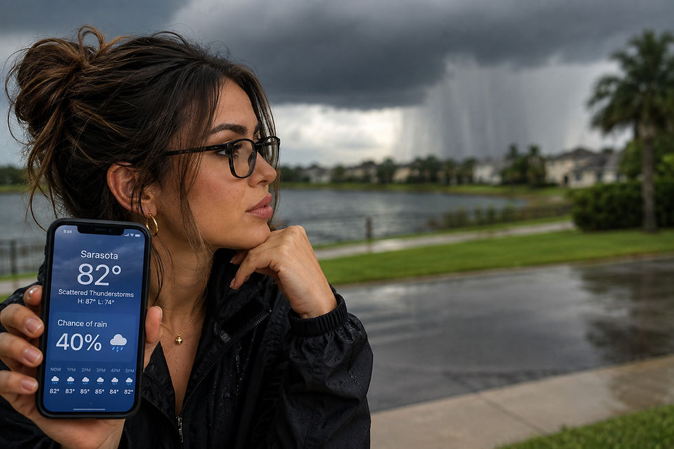Woman checking a weather forecast showing a 40% chance of rain as a summer shower falls in the distance.