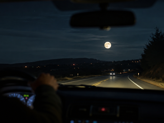 A nighttime driver watches a bright full Moon hanging above a winding highway, creating the illusion that the Moon is following the car.