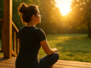 A person meditating outdoors at sunrise, facing the morning light to boost their mood and energy, with a focus on natural wellness.