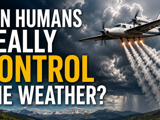 A twin-engine aircraft flies through towering storm clouds while releasing cloud-seeding material over a mountain landscape. Large, bold text asks, “Can Humans Really Control the Weather?” illustrating the science and debate surrounding weather modification and cloud seeding.