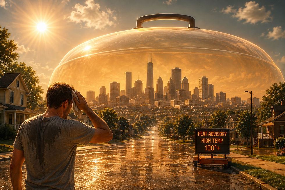 A man wipes sweat from his forehead while looking toward a city that appears trapped beneath a giant transparent glass dome on a blazing summer day, illustrating the mystery behind what causes summer heat waves.