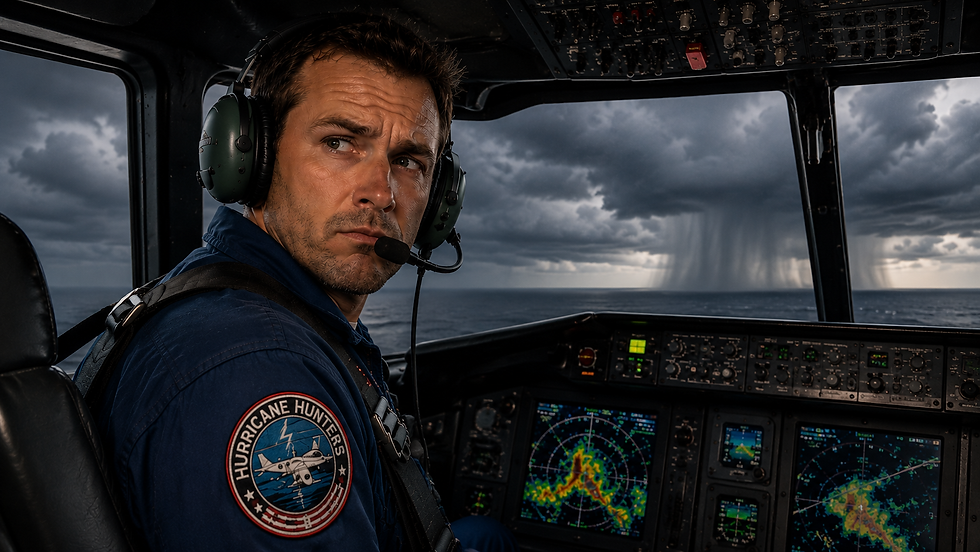 A Hurricane Hunter pilot inside a research aircraft cockpit flies toward a developing tropical disturbance over the Gulf, with towering storm clouds, rain shafts, and weather radar displays visible as the crew gathers data to determine whether a tropical cyclone has formed.