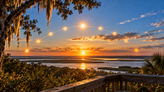 The Sun’s path arcs across the sky over a coastal landscape, illustrating how sunlight changes around the autumnal equinox and the beginning of fall.