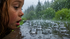 A young child leans in with wide-eyed wonder, watching crystal-clear raindrops resting on a wet outdoor table during a gentle summer rain. The close-up, National Geographic-style photograph captures nearly perfect spherical droplets, with a softly blurred green landscape in the background, inviting viewers to notice something they’ve likely overlooked their entire lives. The image introduces the article’s central question: Why aren’t raindrops shaped like teardrops? By revealing how round real raindrops actually are, it challenges one of the most familiar symbols we’ve all been drawing since childhood.