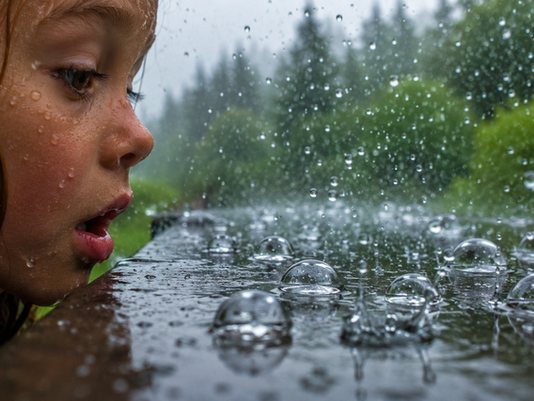 A young child leans in with wide-eyed wonder, watching crystal-clear raindrops resting on a wet outdoor table during a gentle summer rain. The close-up, National Geographic-style photograph captures nearly perfect spherical droplets, with a softly blurred green landscape in the background, inviting viewers to notice something they’ve likely overlooked their entire lives. The image introduces the article’s central question: Why aren’t raindrops shaped like teardrops? By revealing how round real raindrops actually are, it challenges one of the most familiar symbols we’ve all been drawing since childhood.