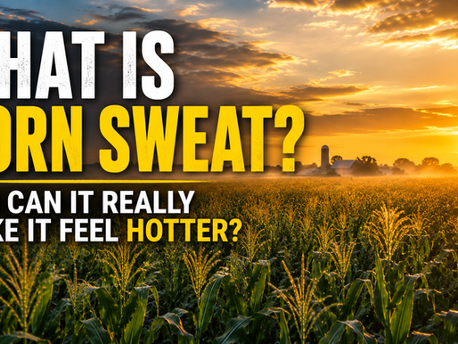 A golden sunset shines across a sprawling Midwestern cornfield beneath dramatic summer clouds. Large text asks, “What Is Corn Sweat? And Can It Really Make It Feel Hotter?” introducing a Weather Nerdy story about how corn releases water vapor that can increase humidity during the summer.