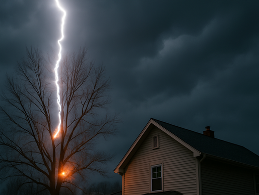 Lightning strikes a tree near a house.