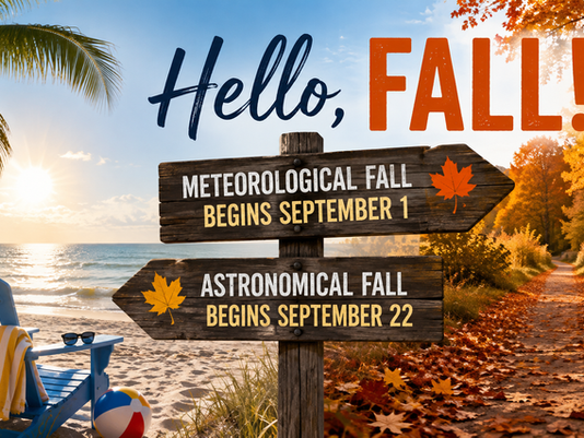 Split seasonal scene showing a sunny summer beach beside colorful autumn foliage, with signs reading “Still Summer?” and “Hello, Fall!”