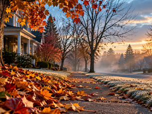 A quiet neighborhood on a crisp autumn morning, with colorful fallen leaves, frost-covered grass, bare trees, and soft mist illuminated by golden sunrise, capturing the transition from fall to winter.
