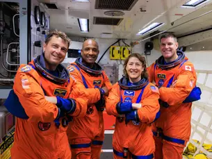 Artemis II astronauts Reid Wiseman, Victor Glover, Christina Koch and Jeremy Hansen inside the Orion spacecraft before their historic Moon flyby mission.