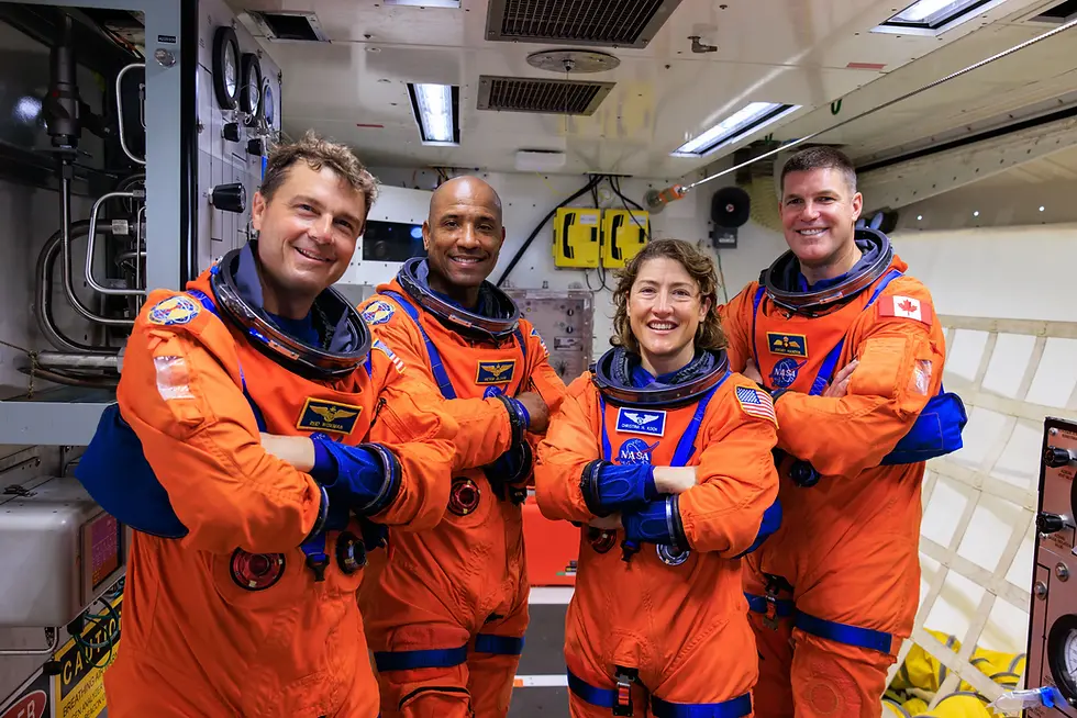Artemis II astronauts Reid Wiseman, Victor Glover, Christina Koch and Jeremy Hansen inside the Orion spacecraft before their historic Moon flyby mission.