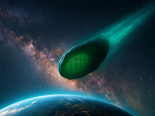 A glowing comet streaking toward Earth with mysterious green alien silhouettes inside, set against the Milky Way.