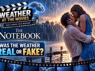 Original Weather at the Movies illustration inspired by The Notebook rain scene showing a couple kissing in heavy rain.
