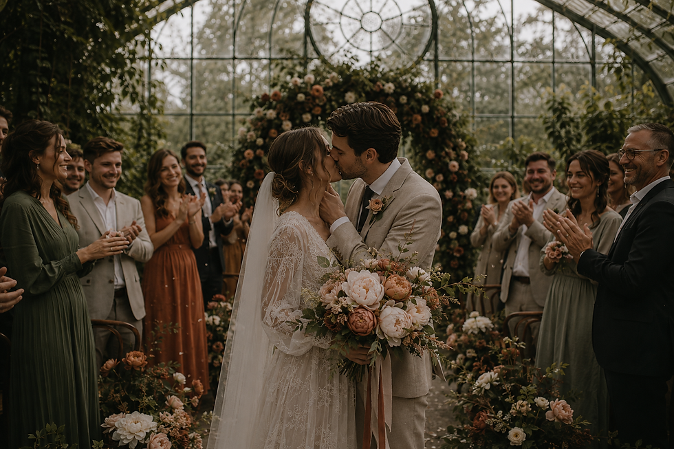 Hochzeitspaar küsst sich im Gewächshaus