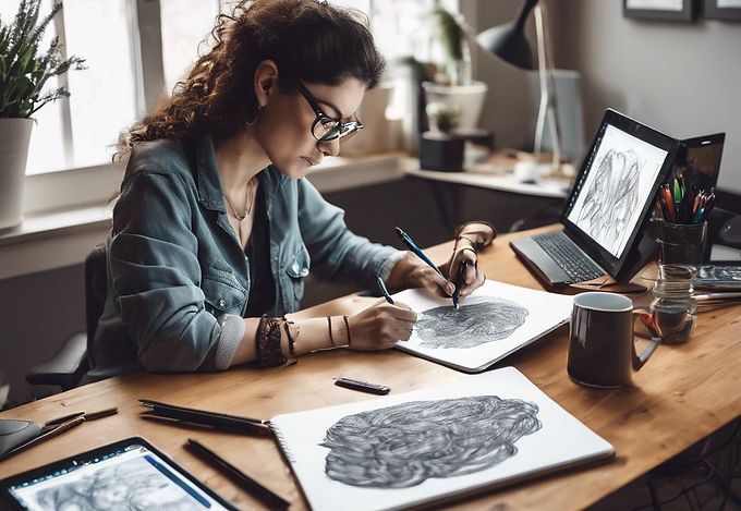 Image of a freelance visual artist working on a project while sitting at her desk. She ha