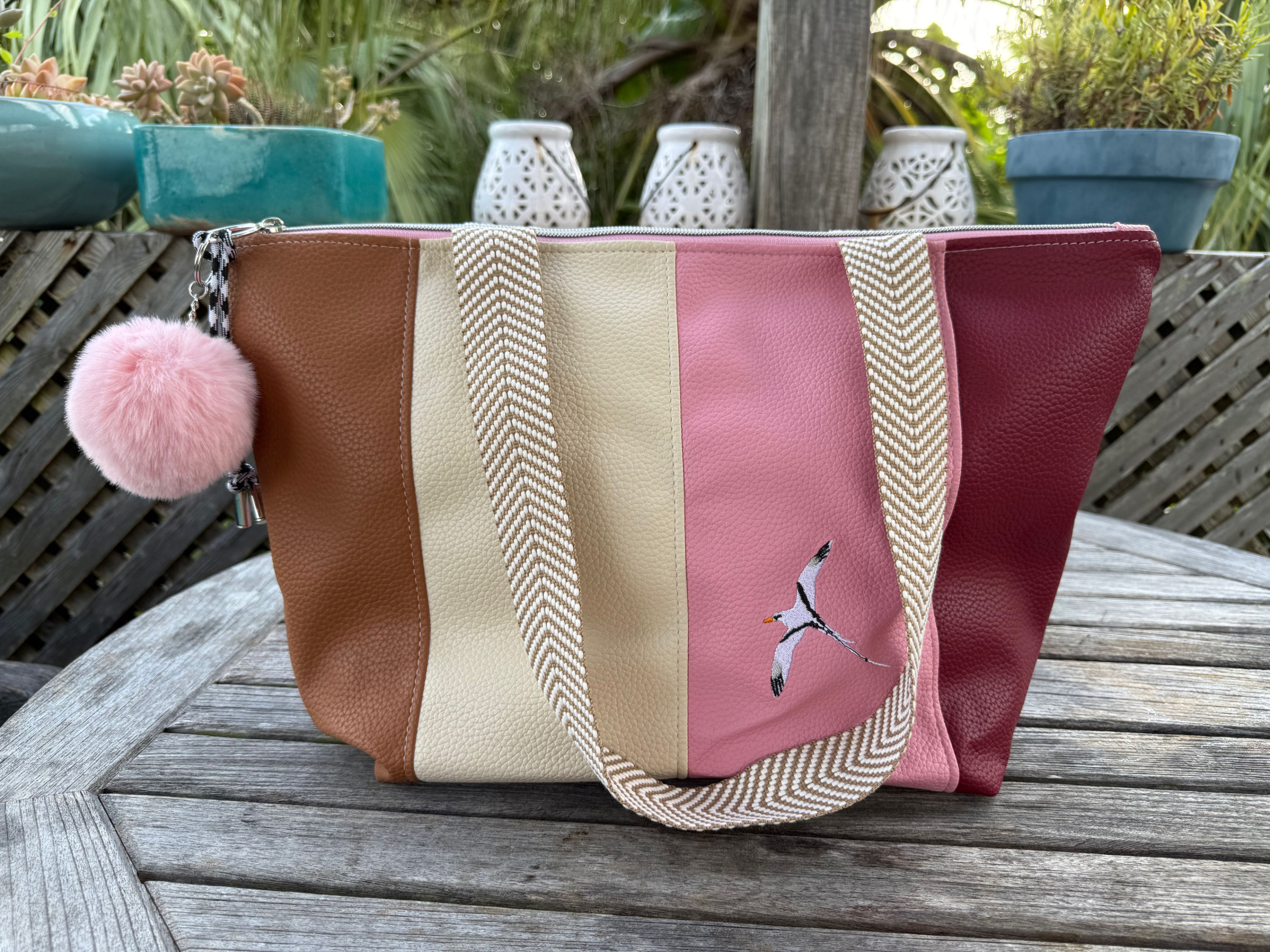 Gaia zippered browns and mulberry panel tote " Longtail " & Bermuda map vegan