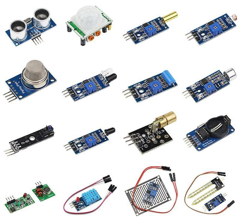 Diversos tipos de sensores eletrônicos utilizados em projetos embarcados e automação, incluindo sensores de proximidade, gás, movimento, luz, temperatura e umidade, cada um projetado para detectar uma grandeza específica do ambiente.