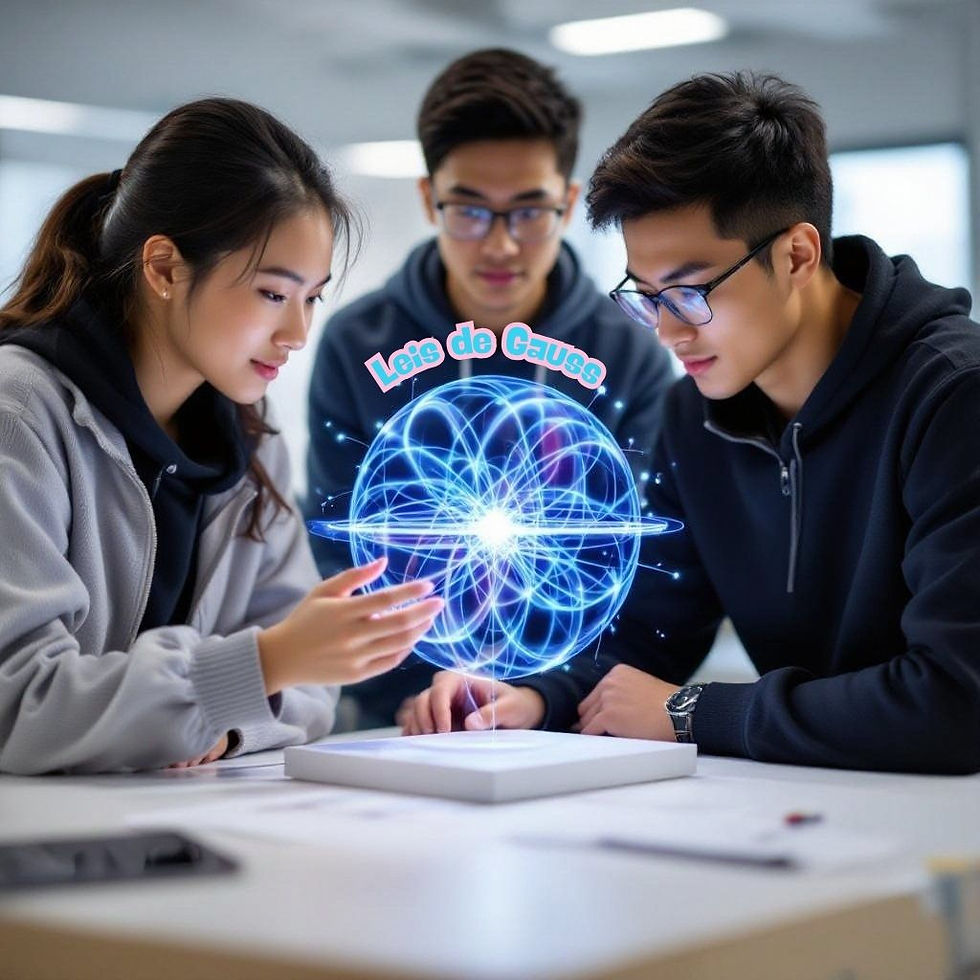 Estudantes analisando uma simulação de campo elétrico, representando a Lei de Gauss aplicada a capacitores, com destaque para o conceito de fluxo elétrico entre placas condutoras.