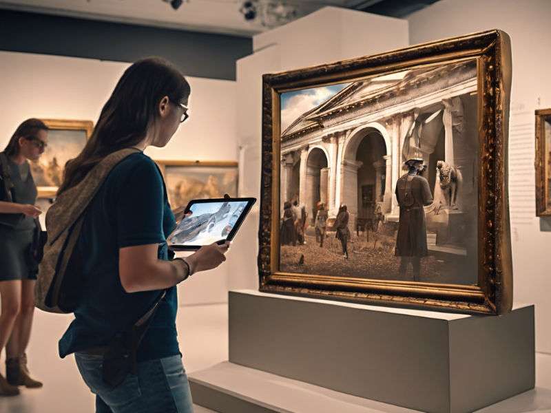 Museum gallery with projection mapping on walls, LED storytelling screens and interactive touch kiosks guiding visitors.