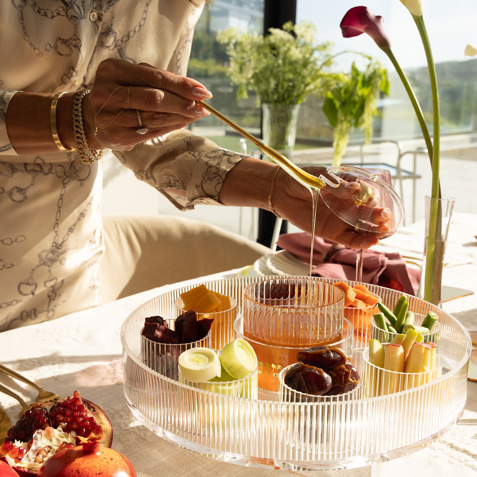 Round ribbed clear Rosh Hashanah simanim plate with eight bowls and a center honey jar