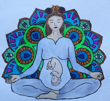 Lucy Jasmine Yoga logo of a mandala in jewel colours with a pregnant lady sat cross legged.
