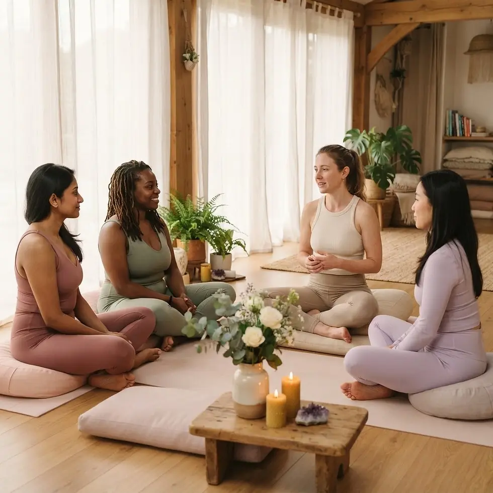 Studio photography of four women sitting in a circle on yoga mats in a bright, peaceful studio. The atmosphere is calm and restorative, featuring soft natural lighting, wooden furniture, and lush plants.
