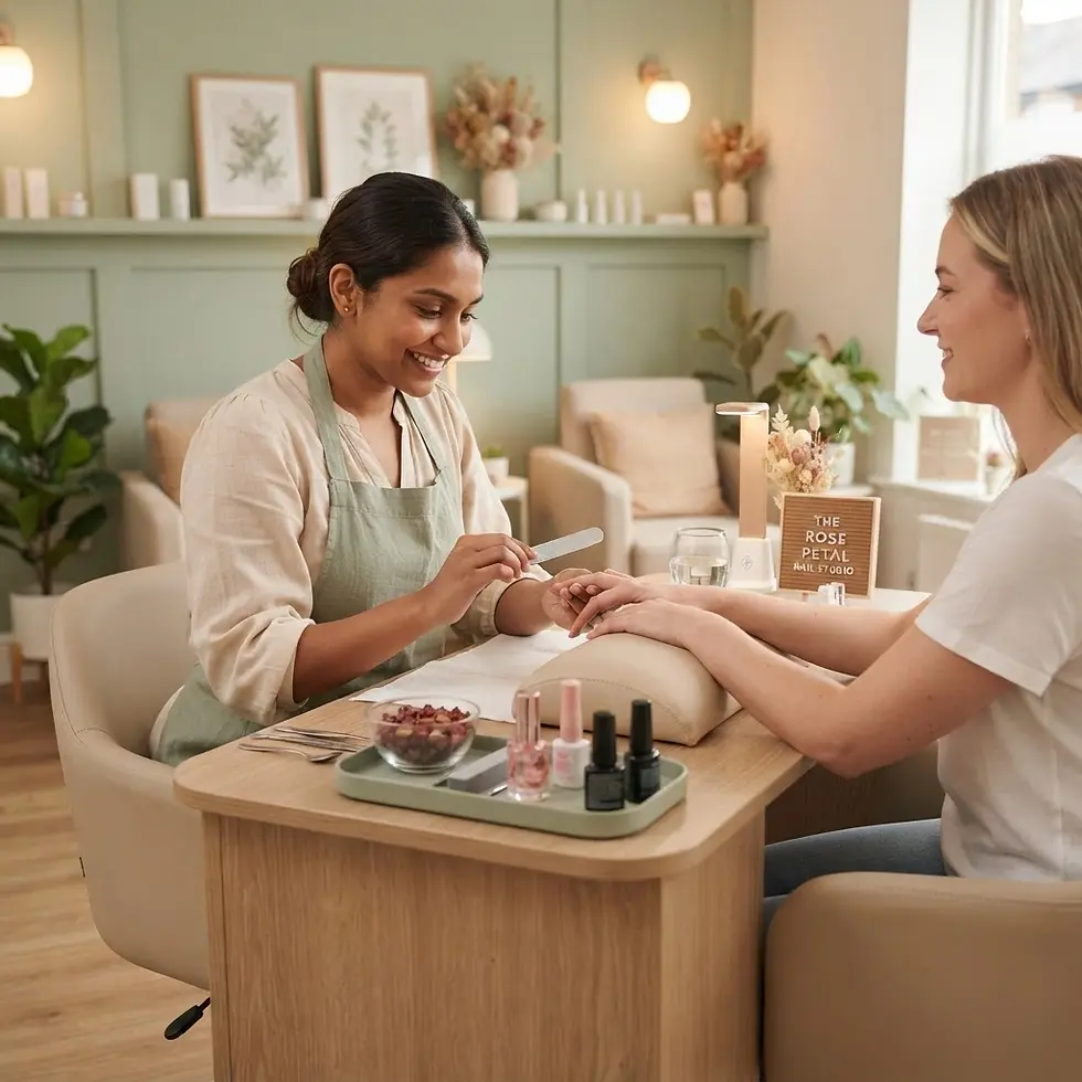Studio photography of a smiling nail technician filing a client's nails at a modern, bright salon. The scene is professional, welcoming, and warm.