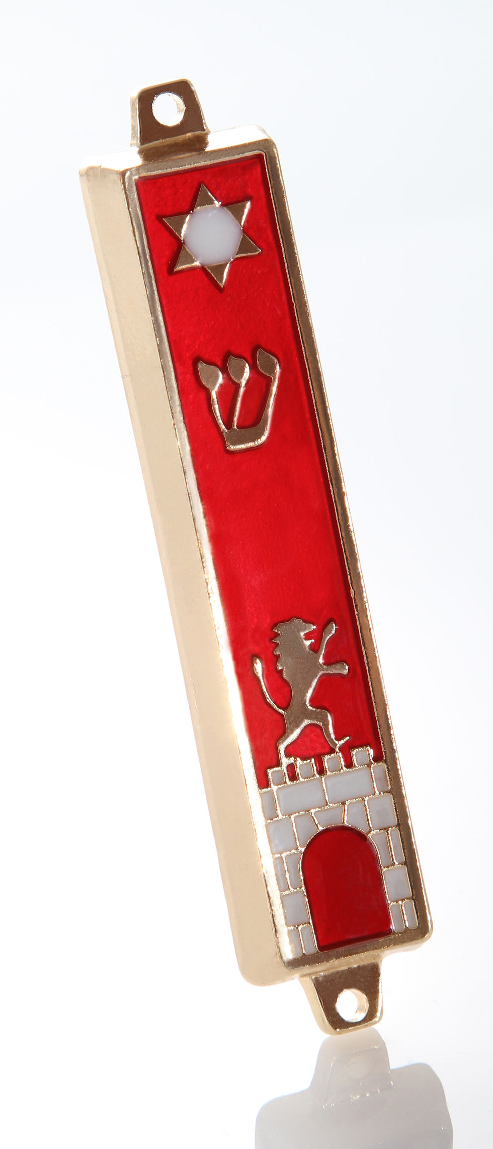 תמונה ממוזערת: בית מזוזת בגוון זהב מקושט עם אריה וחומות ירושלים 7 ס"מ