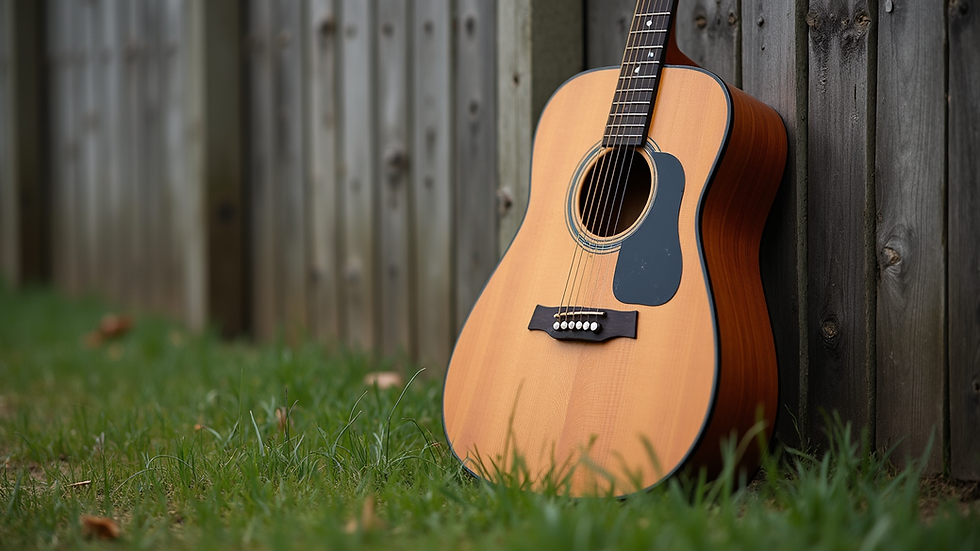 Eye-level view of a rustic guitar resting against a wooden fence