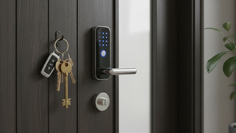 Eye-level view of a residential front door with a modern lock