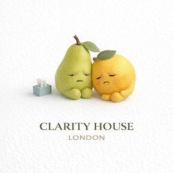 Sad pear and orange figures with tissue box