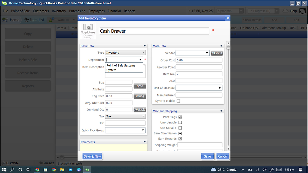 Interface of QuickBooks POS adding inventory page typing in department