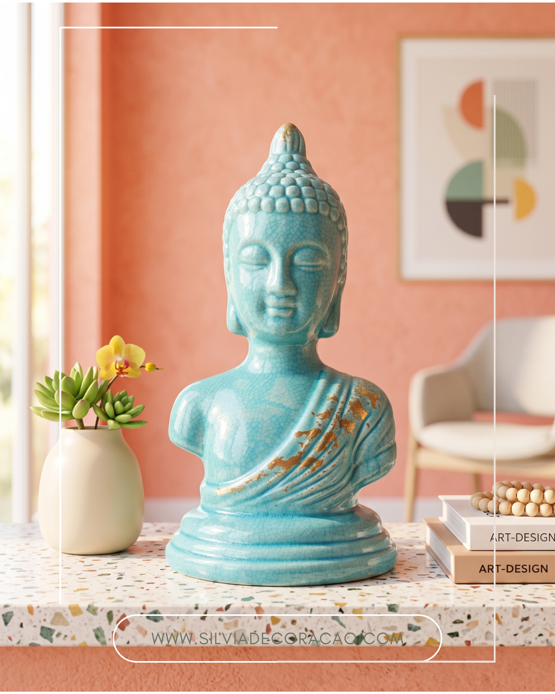 Busto Decorativo Buda Zen em Louça Turquesa com Efeito Craquelê
