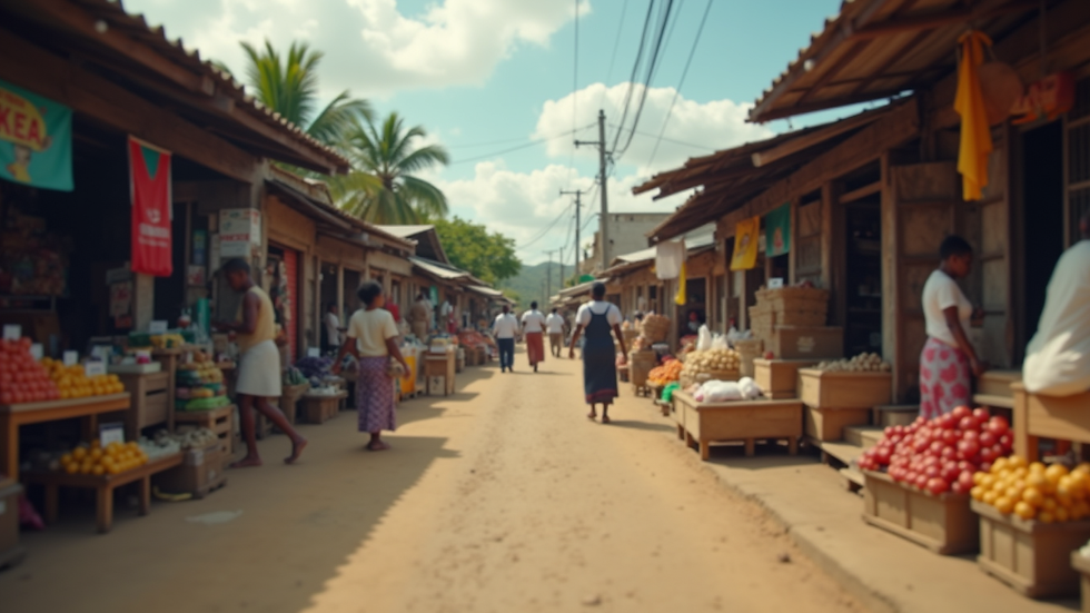 Eye-level view of a traditional Mauritian market bustling with local vendors