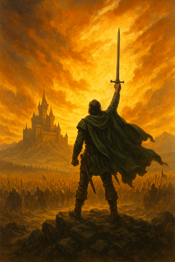 Ilustración de fantasía épica con un héroe alzando la espada frente a un ejército y un castillo iluminado por un cielo dorado.