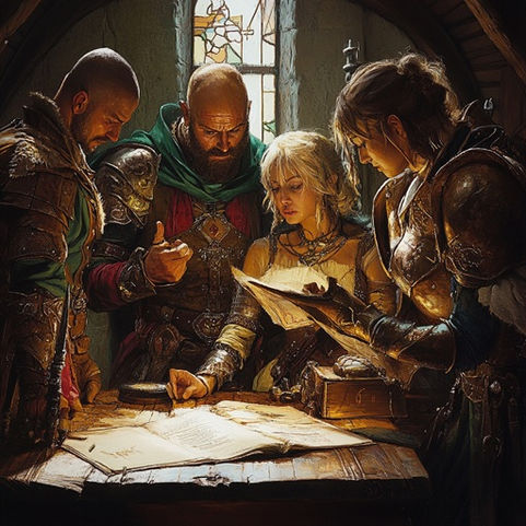 Grupo de personajes de fantasía épica reunido alrededor de una mesa, tomando decisiones importantes