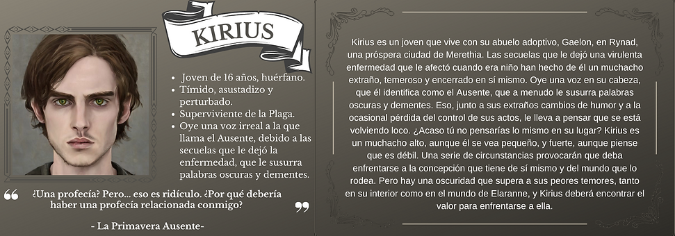 Ficha personaje Kirius el trastorno de Elaranne saga de literatura fantasía épica