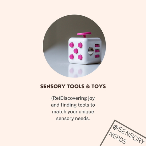 Image: pink and white fidget cube on a reflective white surface. Text: Sensory tools & toys. Re-discovering joy and finding tools to match your unique sensory needs. Credit: Sensory Nerds.