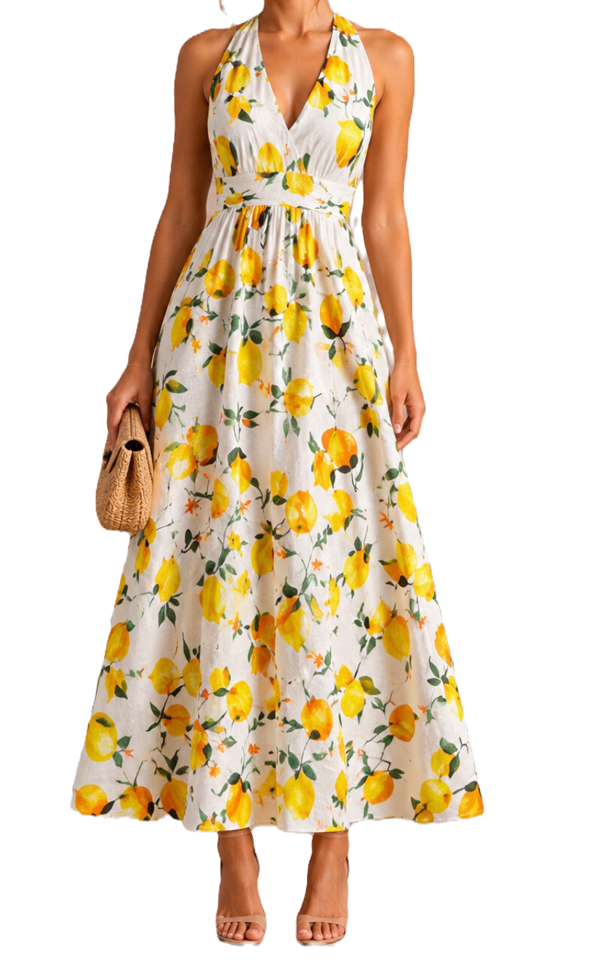 Longue robe dos nu, smockée au dos à motif citons