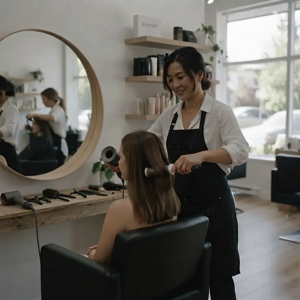 Studio photography of a hairstylist blow-drying a client's hair. The scene is set in a bright, modern salon.