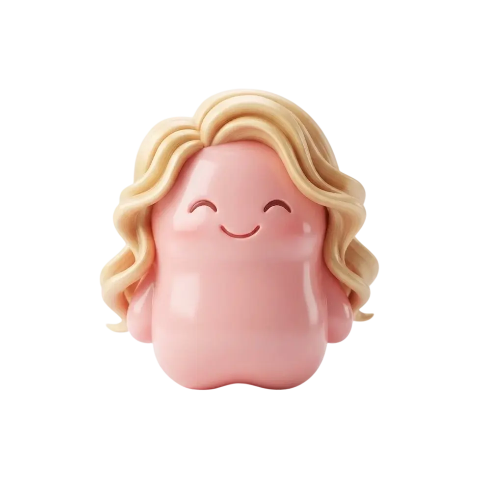 3D render of a cute pink blob character with blonde wavy hair and a cheerful smile. The character has a whimsical and friendly appearance.