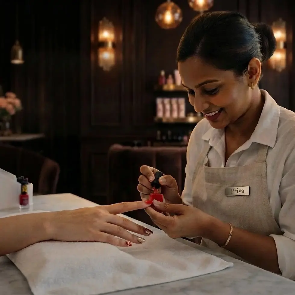 Studio photography of a beautician applying red nail polish to a client's finger. The scene suggests a professional and relaxing spa or salon environment.