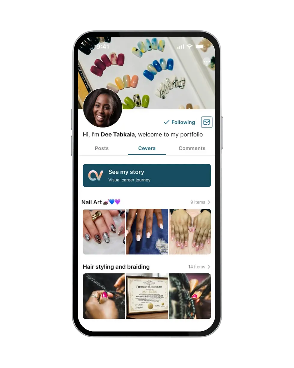 Digital illustration showing a mobile profile page for Dee Tabakala, a professional nail artist and hairstylist. The portfolio showcases examples of her vibrant nail art and hair styling creations.