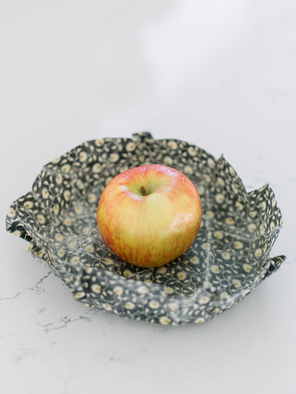 a red and yellow apple sits in a black and gold round beeswax wrap