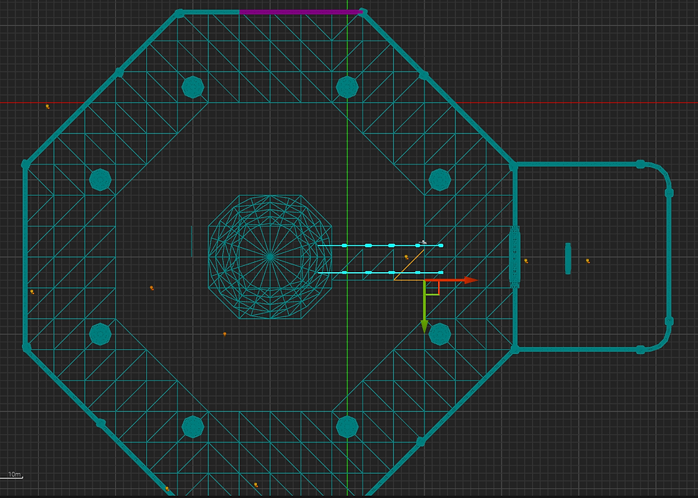 Improved structure as seen from above. You can see now I've started to conside the bridge element. I'm measuring out how many tiles it is so that I can rebuild this in maya.