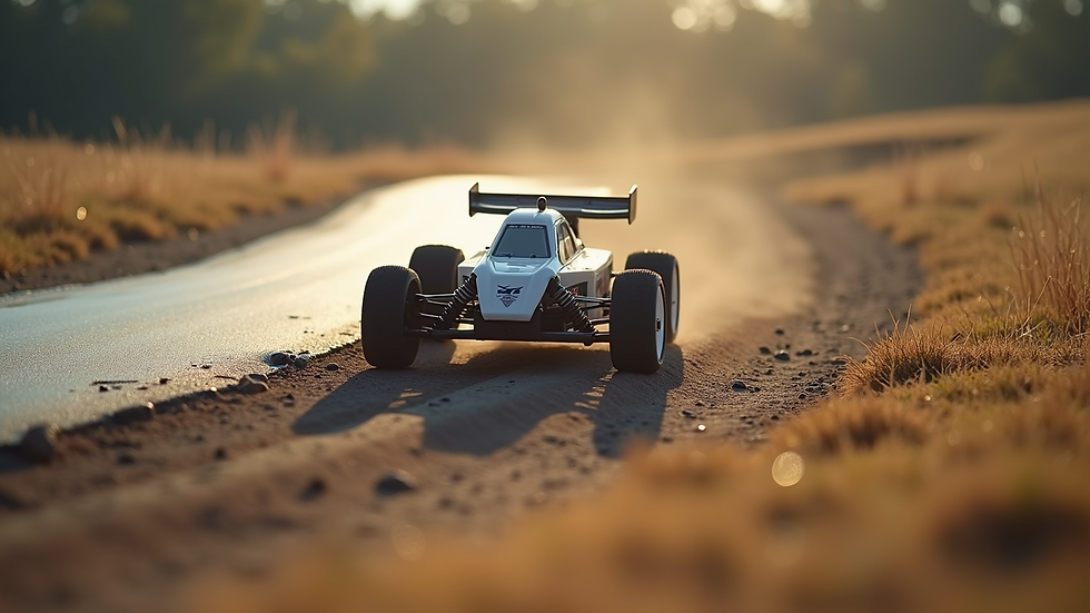 High angle view of an RC car racing on a mixed terrain outdoor track