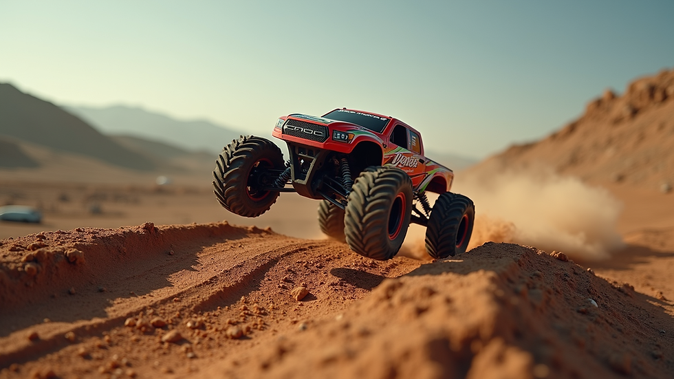High angle view of an RC truck jumping off a dirt ramp