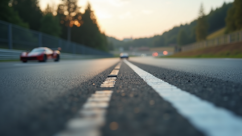 Eye-level view of a smooth asphalt RC racing track with marked lanes