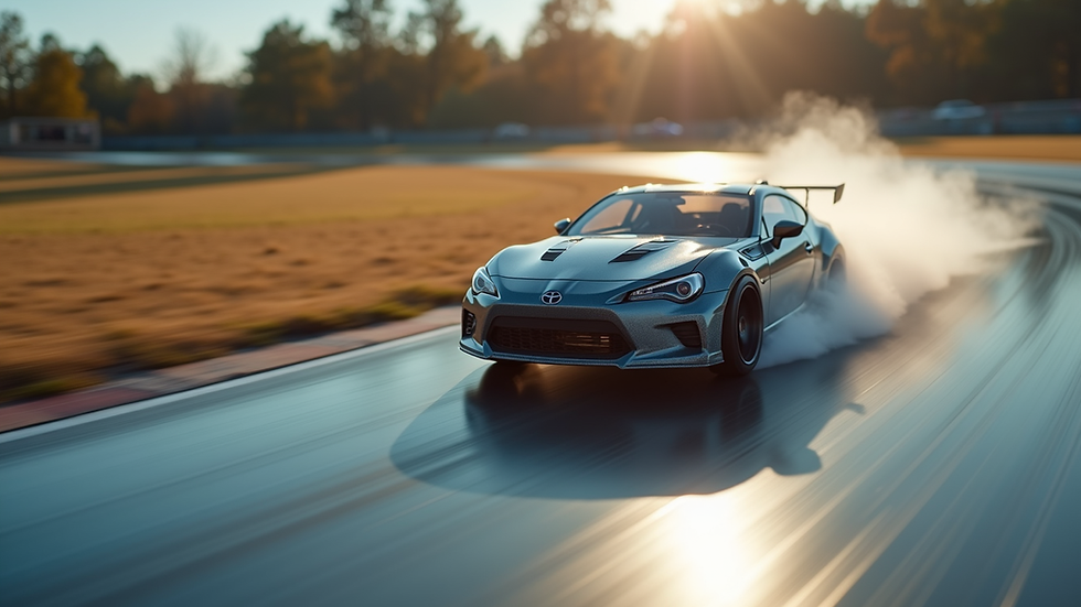 Close-up of an RC drift car sliding on a smooth track