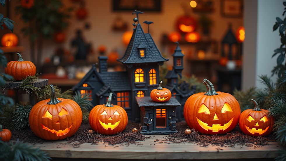 Eye-level view of a spooky Halloween-themed display with colorful decorations